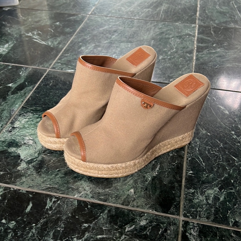 Tory Burch Tan Canvas Espadrille Wedge Mules with Brown Trim Accents